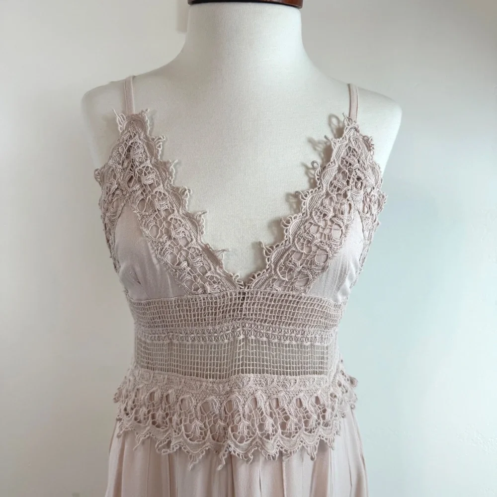 MILA Lace Trim Maxi Dress Blush Pink Boho Coquette Cottagecore‎ Romantic Fairy M